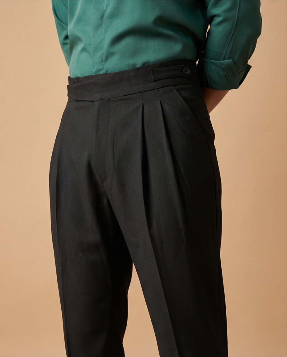 Person wearing a green shirt and black pleated pants on a beige background