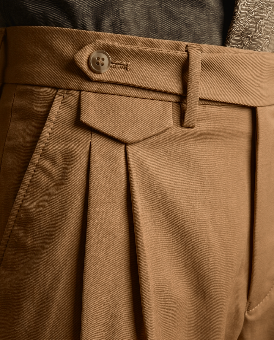 Close-up of brown pleated pants with a button detail.