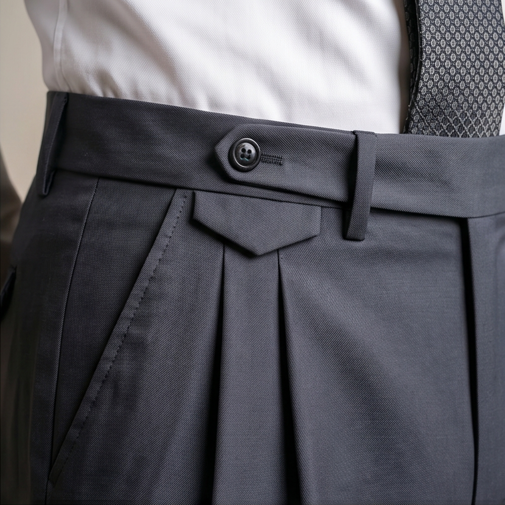 Close-up of dark gray pleated pants with a button, beige shirt, and patterned tie.