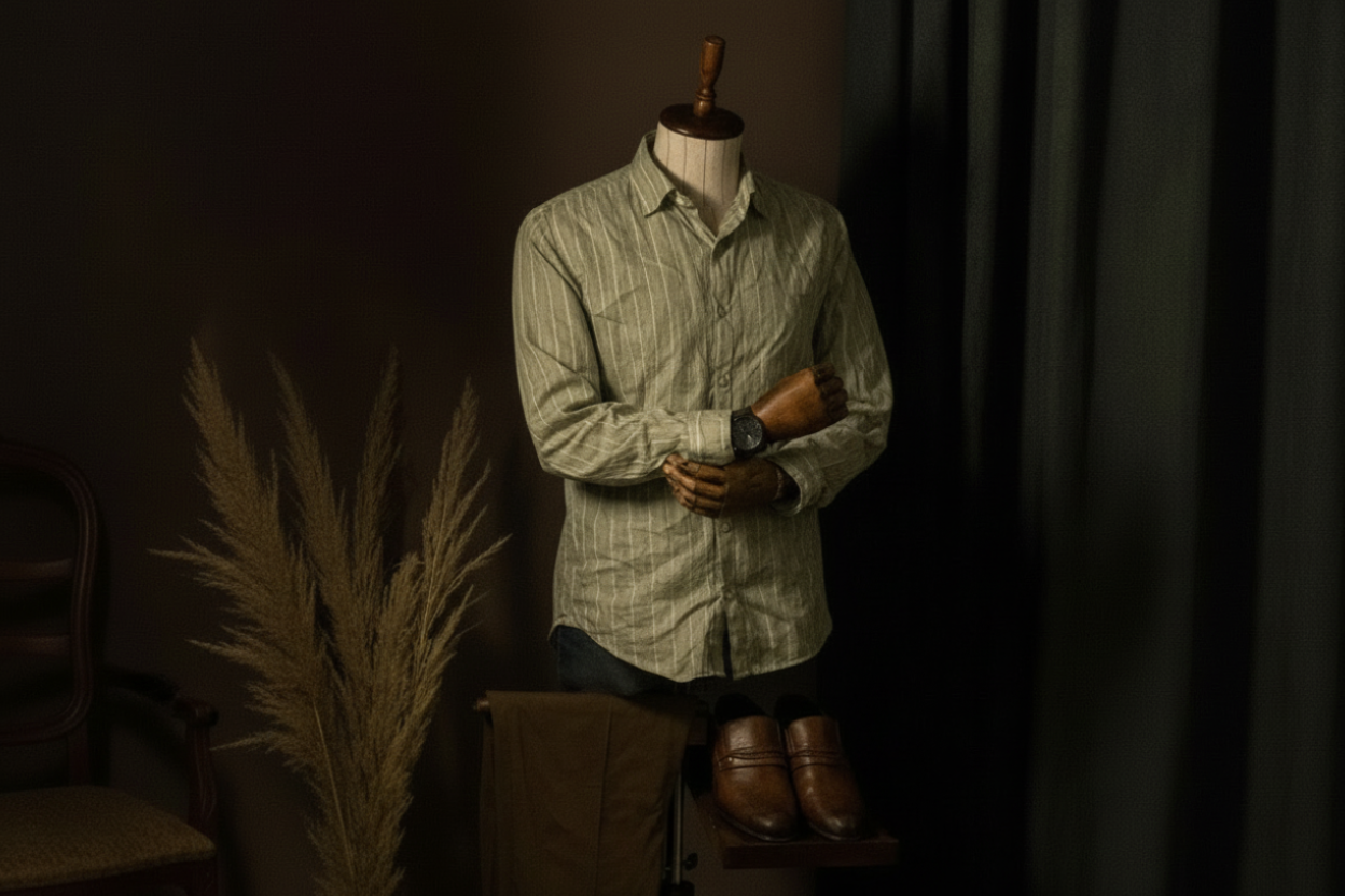 Mannequin wearing a light green shirt with a dark background