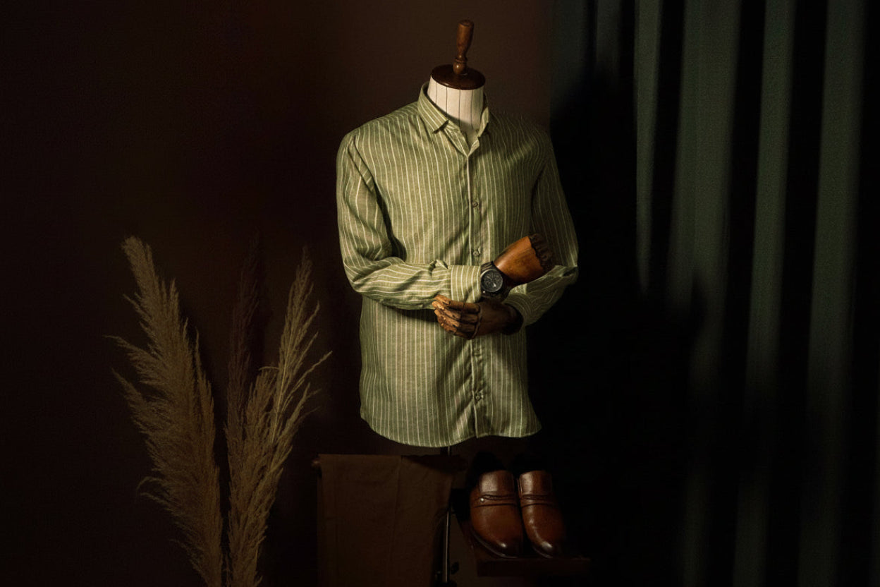 Green striped shirt on a mannequin with brown shoes against a dark background